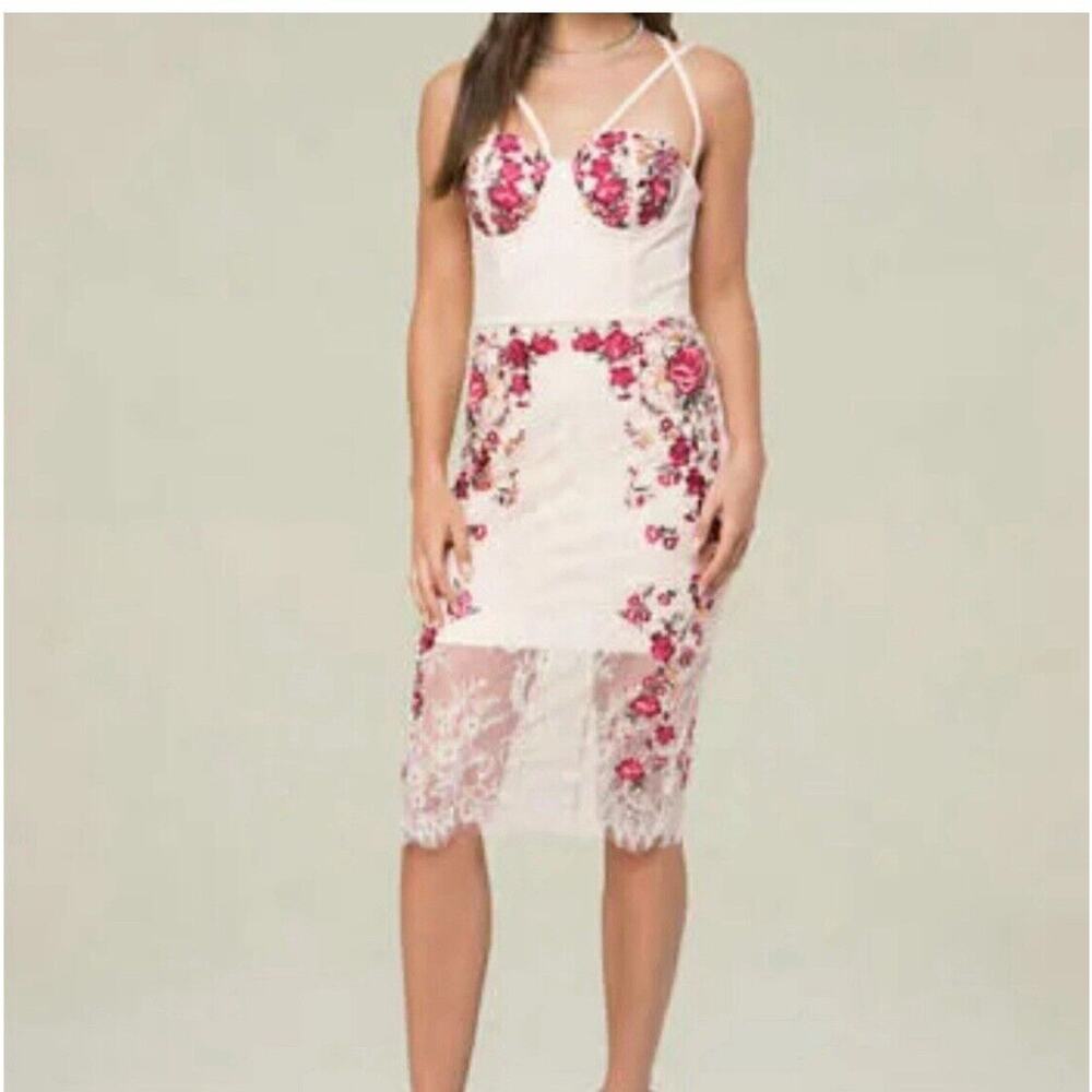 Bebe Maddie Lace Bustier Floral Embroidered Midi Dress Sheer Hem Sz 6 Whimsical